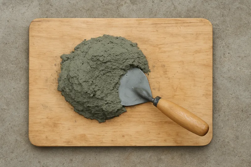 A steel brick trowel resting on a wooden mortar board holding fresh grey mortar — block wall, Idaho Falls. Illustrative example.
