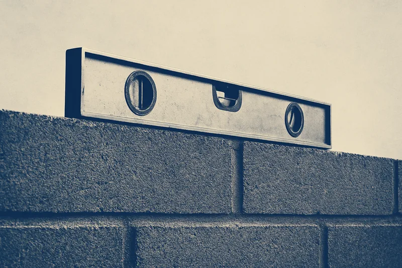 A plain spirit level resting along the top edge of a concrete block seen at a low angle — block wall, Idaho Falls. Illustrative example.