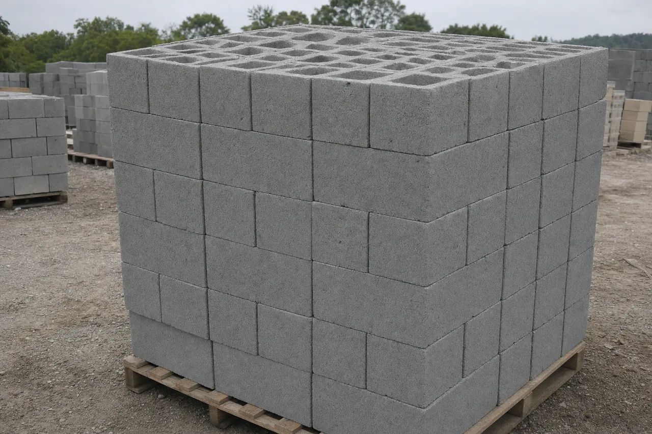 A neat stack of plain concrete blocks in even rows on a timber pallet seen from a low angle — block wall, Idaho Falls. Illustrative example.