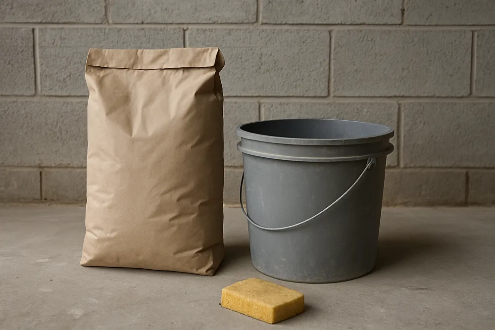 A plain unprinted cement sack beside a grey plastic bucket and a damp sponge on a bare concrete floor — block wall, Idaho Falls. Illustrative example.
